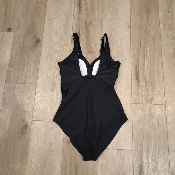 Black Twist Front Runched One Piece Swimsuit Women's LG Adjustable Straps - Picture 3 of 8